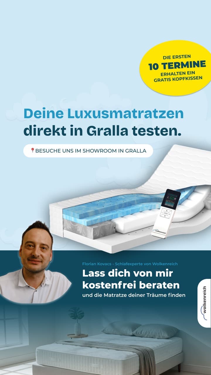 Meta-Anzeige: Luxusmatratzen im Showroom Gralla testen, mit Florian Kovacs