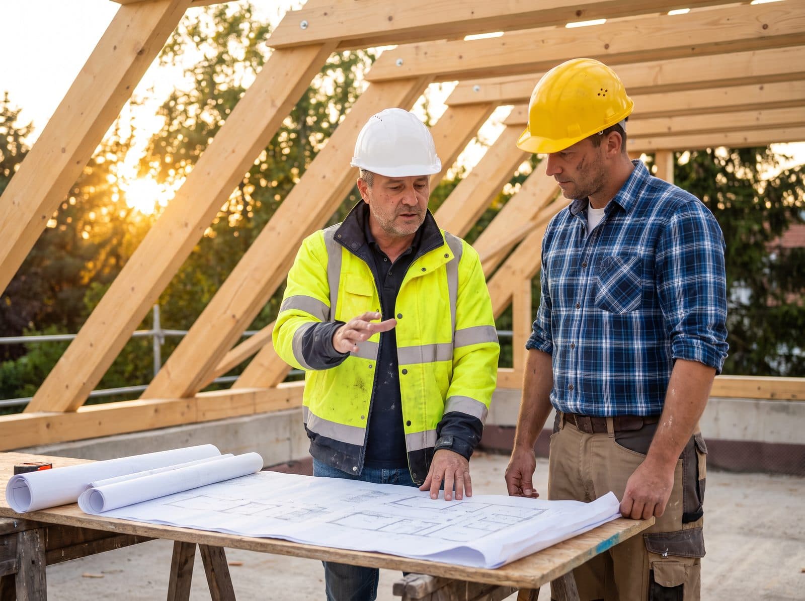 Bauleiter und Zimmerer besprechen Pläne auf einer Baustelle in Wien