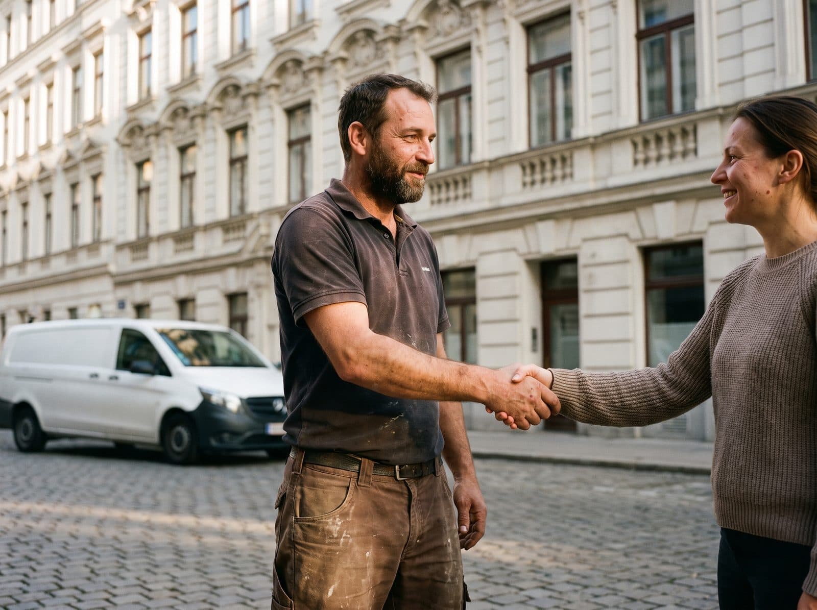 Handwerker und Kundin geben sich vor einem Wiener Altbau die Hand