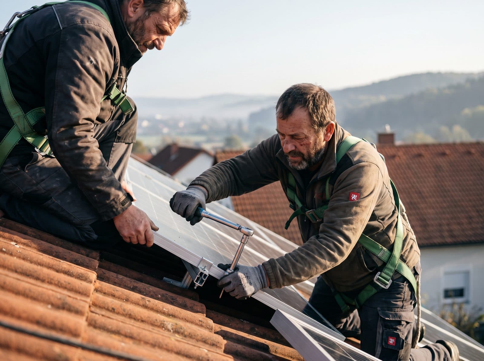 Zwei Monteure montieren Photovoltaik-Module auf einem Hausdach bei Wien