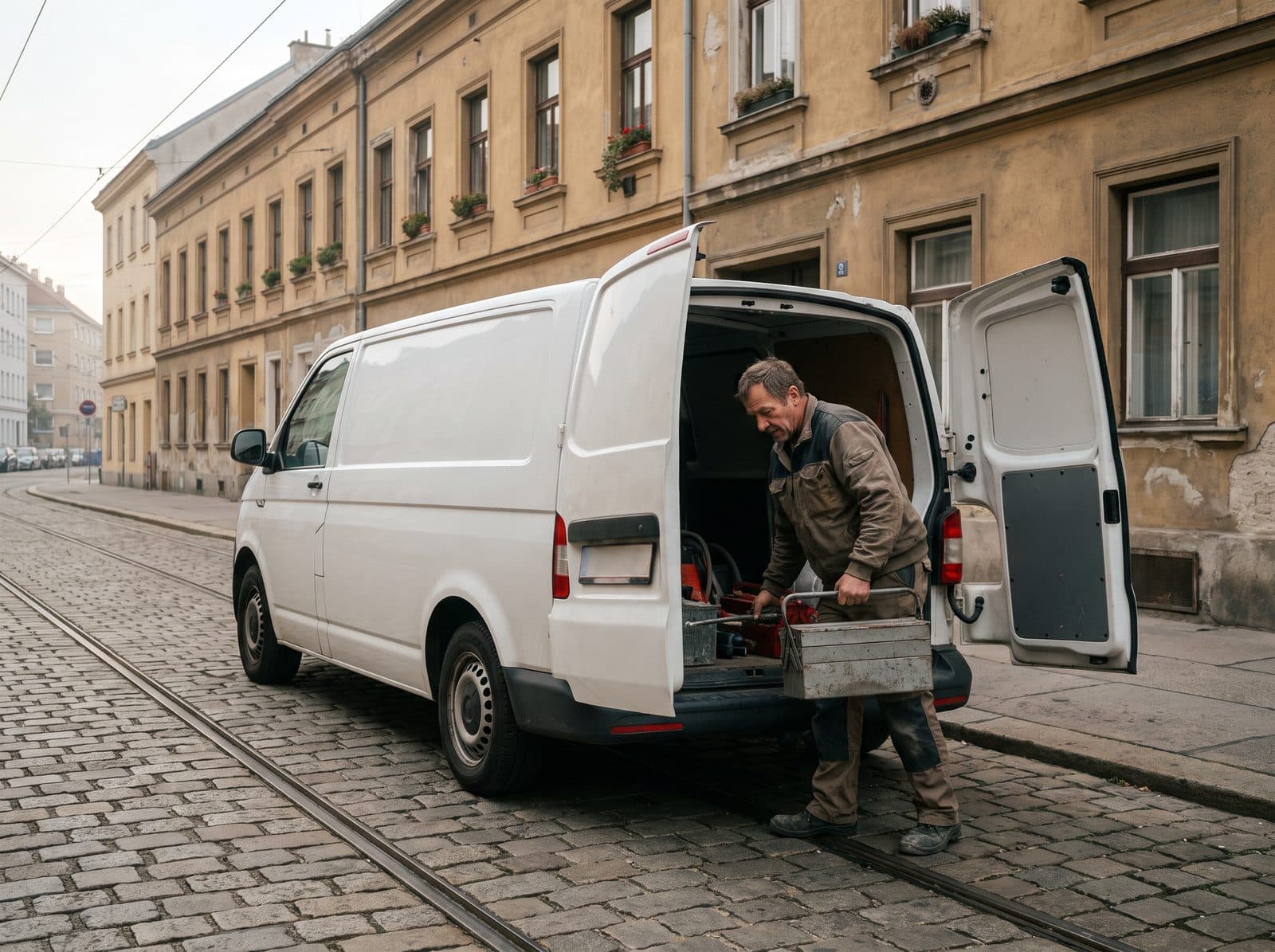 Installateur belädt seinen Transporter in einer Wiener Straße